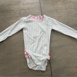 Ruffle Butts Pink and Green Striped Kids Swim One Piece 3T